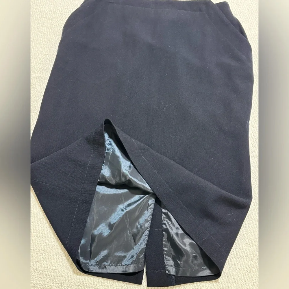 Lauren Ralph Lauren Size 8P Navy Blue Worsted Wool Midi Pencil Skirt Pockets